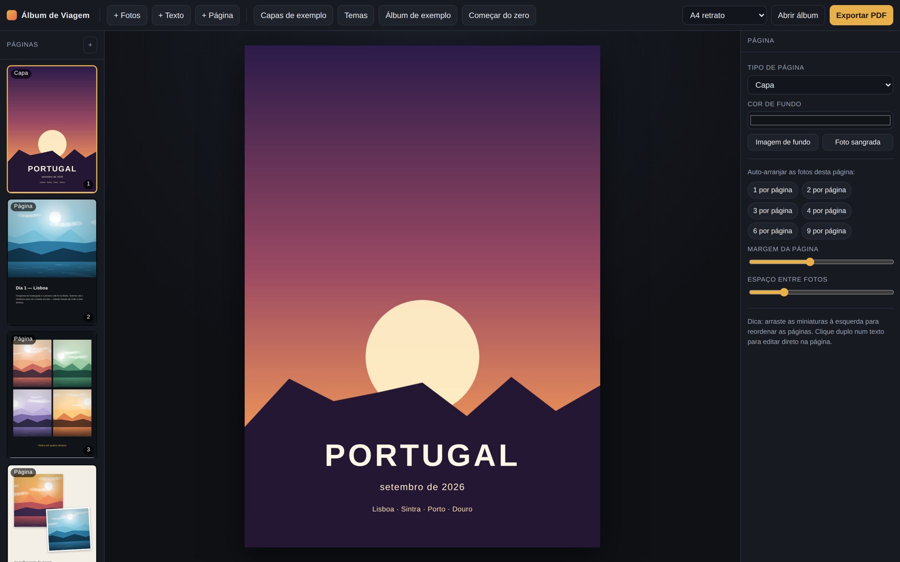 Tela do editor de álbum de viagem